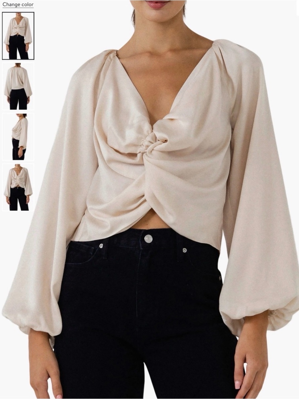 Draped Twist-Front Long Sleeve Top - Cream
